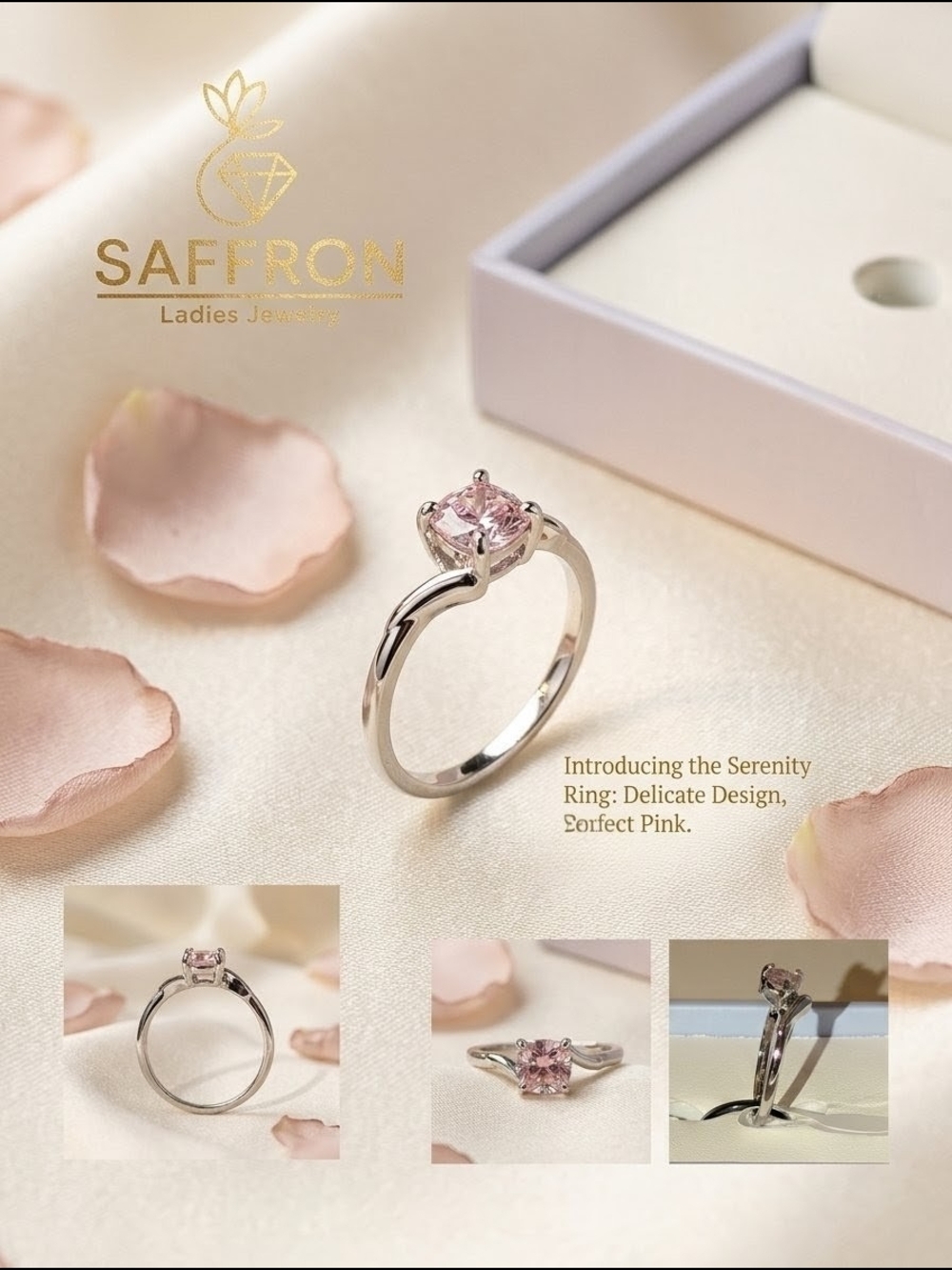 Saffron Ladies Rose Pink Solitaire Ring - Silver Tone & Cubic Zirconia Size 8